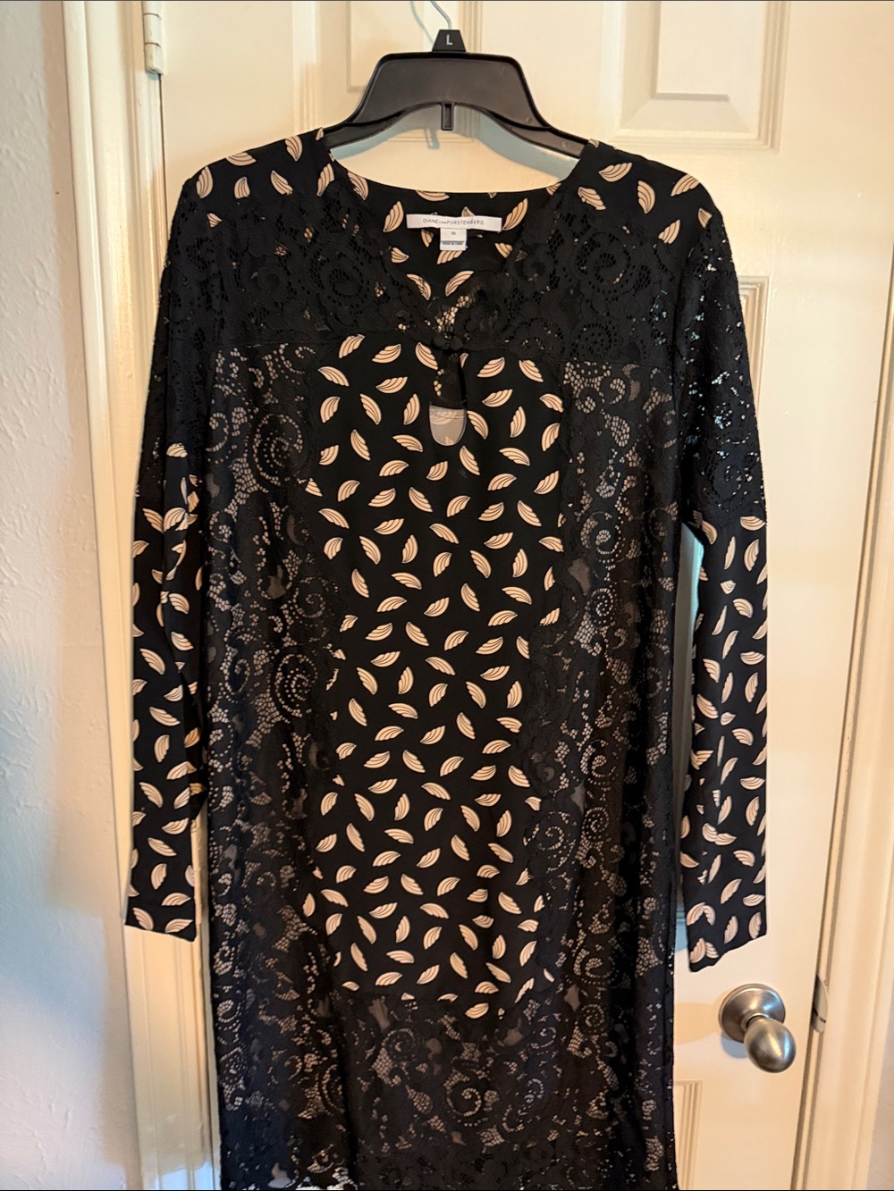 Diane Von Furstenberg Black Dress with Cream Leaf Motif and Lace Overlay